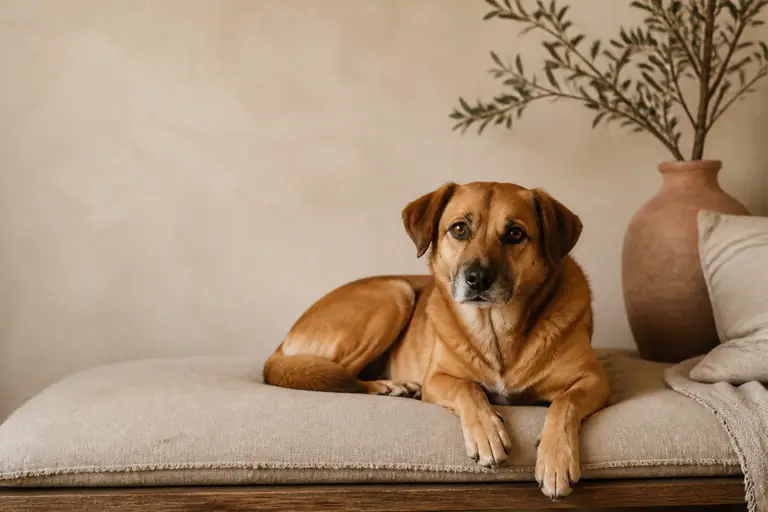 A dog resting in a calm premium pet-care setting
